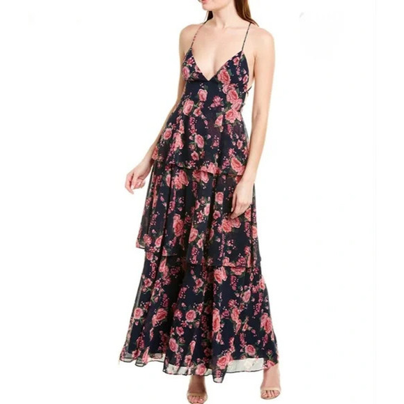 Fame and Partners Dresses & Skirts - Fame & Partners Wyatt Floral Tiered Chiffon lace up plunge maxi Dress US 12